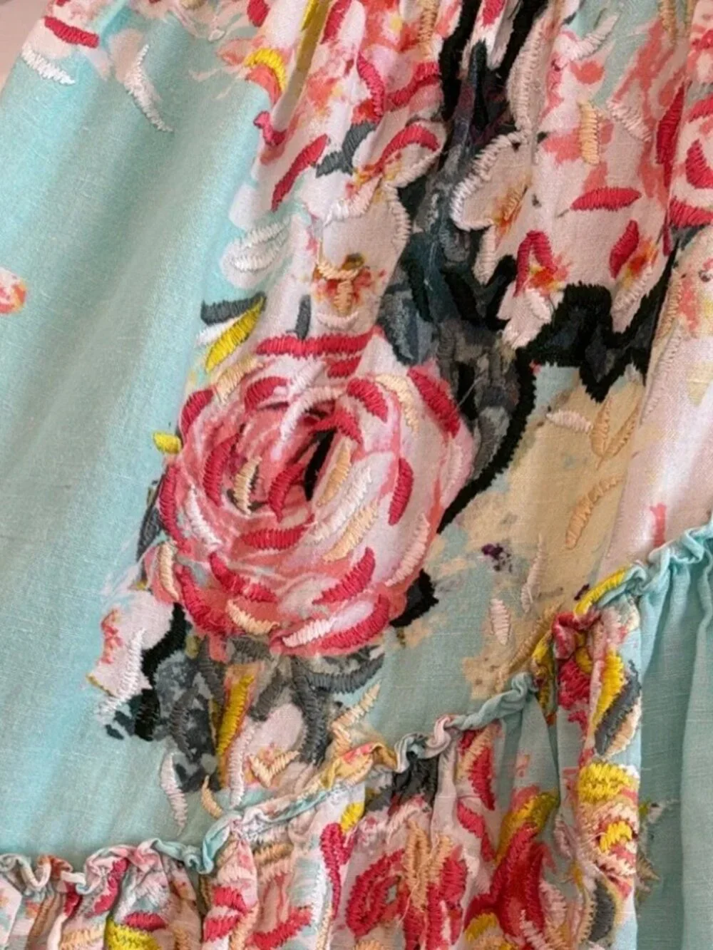 HEMANT & NANDITA SAGE Midi SKIRT Floral w/ embroidery tiered ruffle turquoise LG